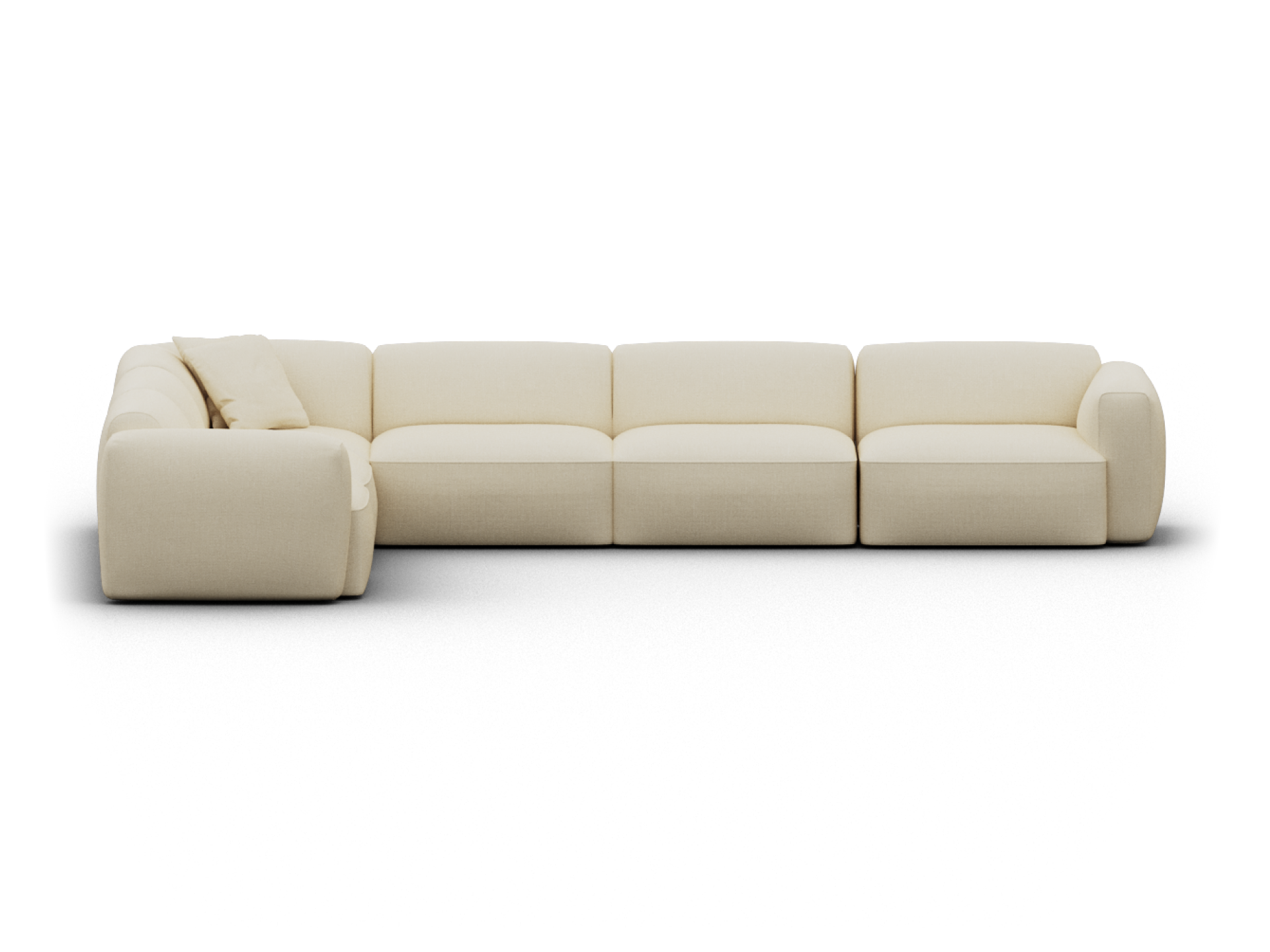 Luxurious modular sectional sofa, upholstered in cream fabric. Features plush cushions and soft curves, perfect for an elegant, modern living space.