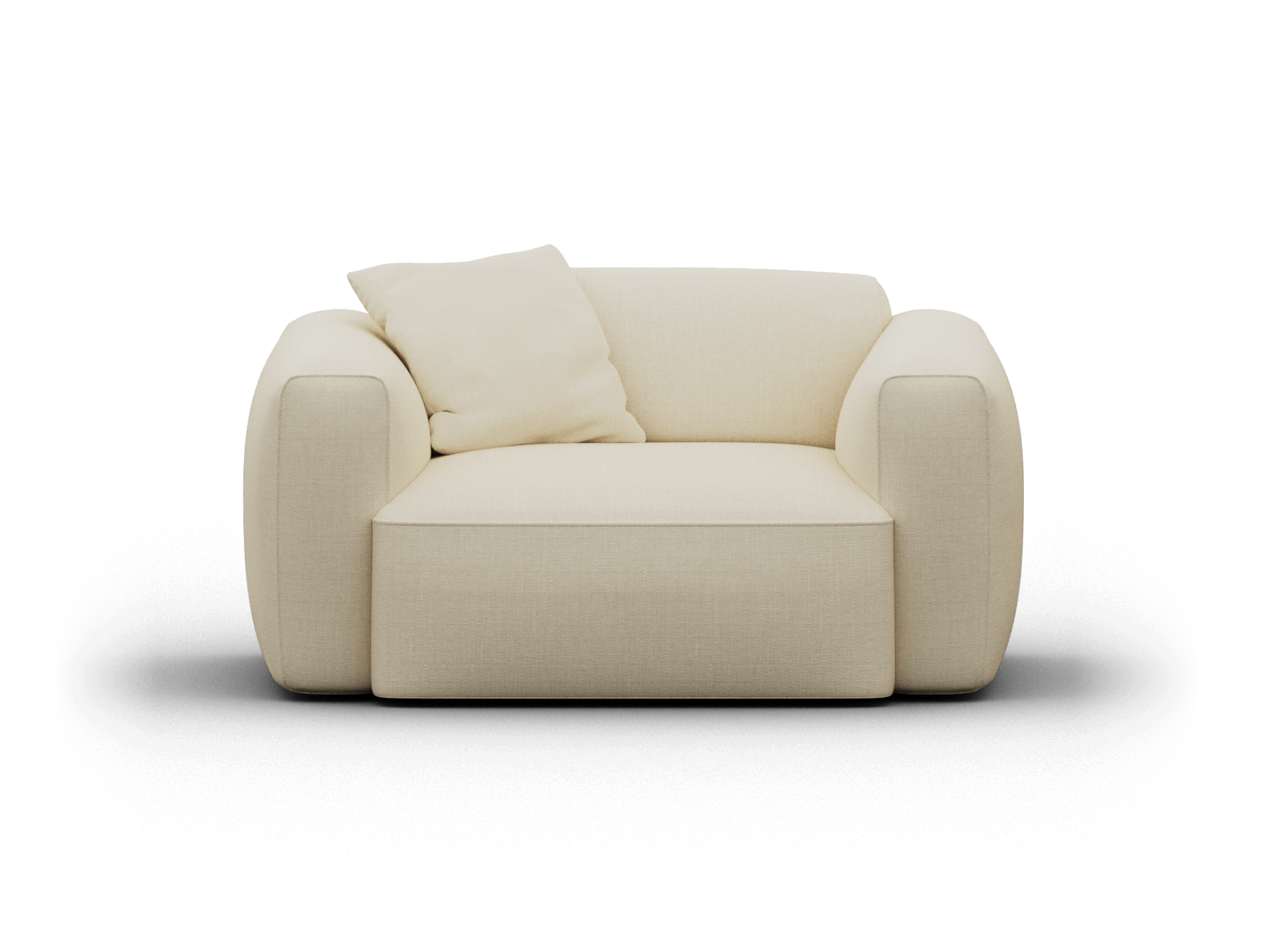 Plush cream armchair with rounded edges, upholstered in soft fabric. Features oversized cushions and minimalist design, suited for contemporary living areas.