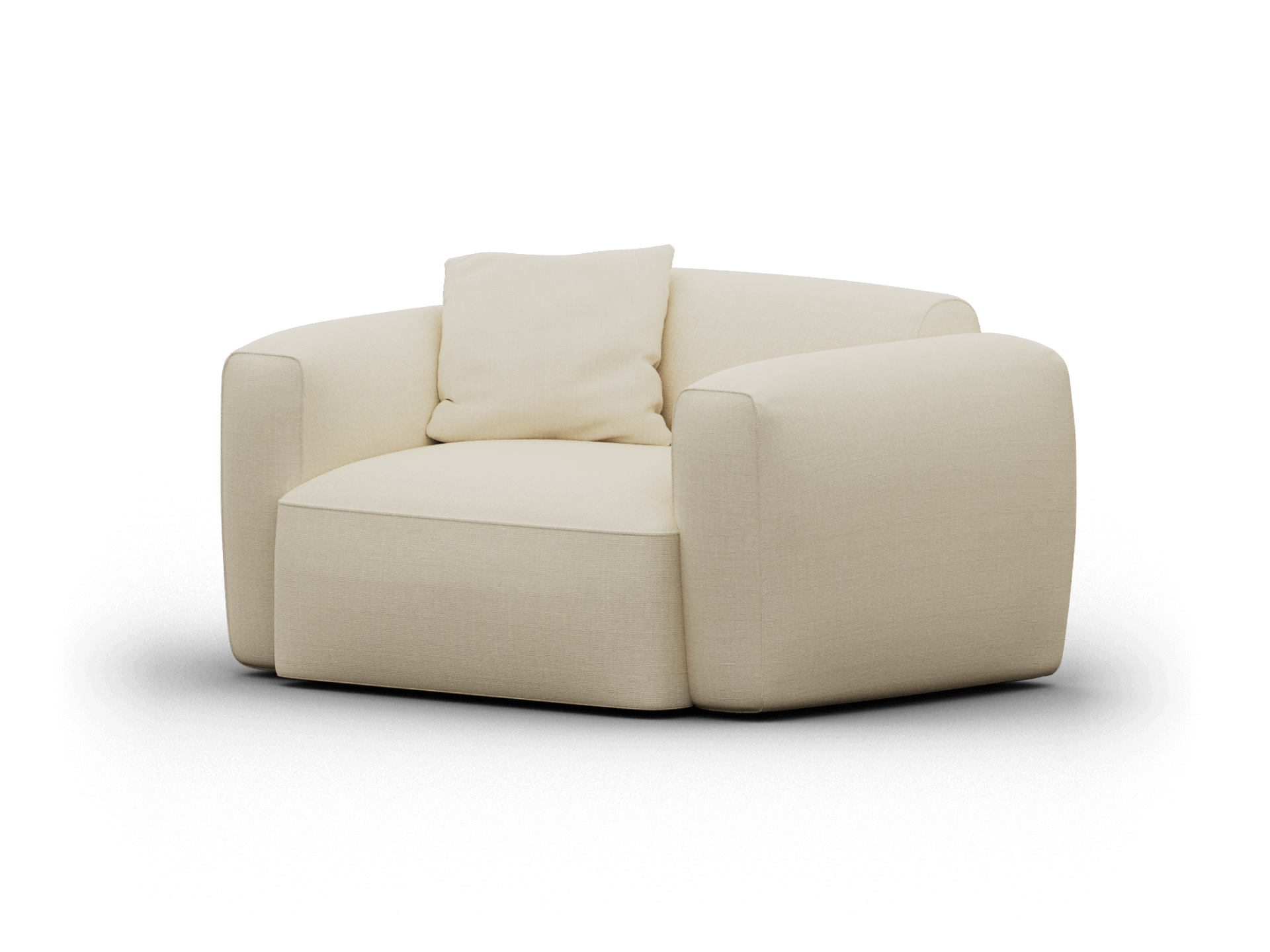Cream upholstered armchair with plush cushions and rounded arms, exuding modern elegance. Perfect for sophisticated living spaces.