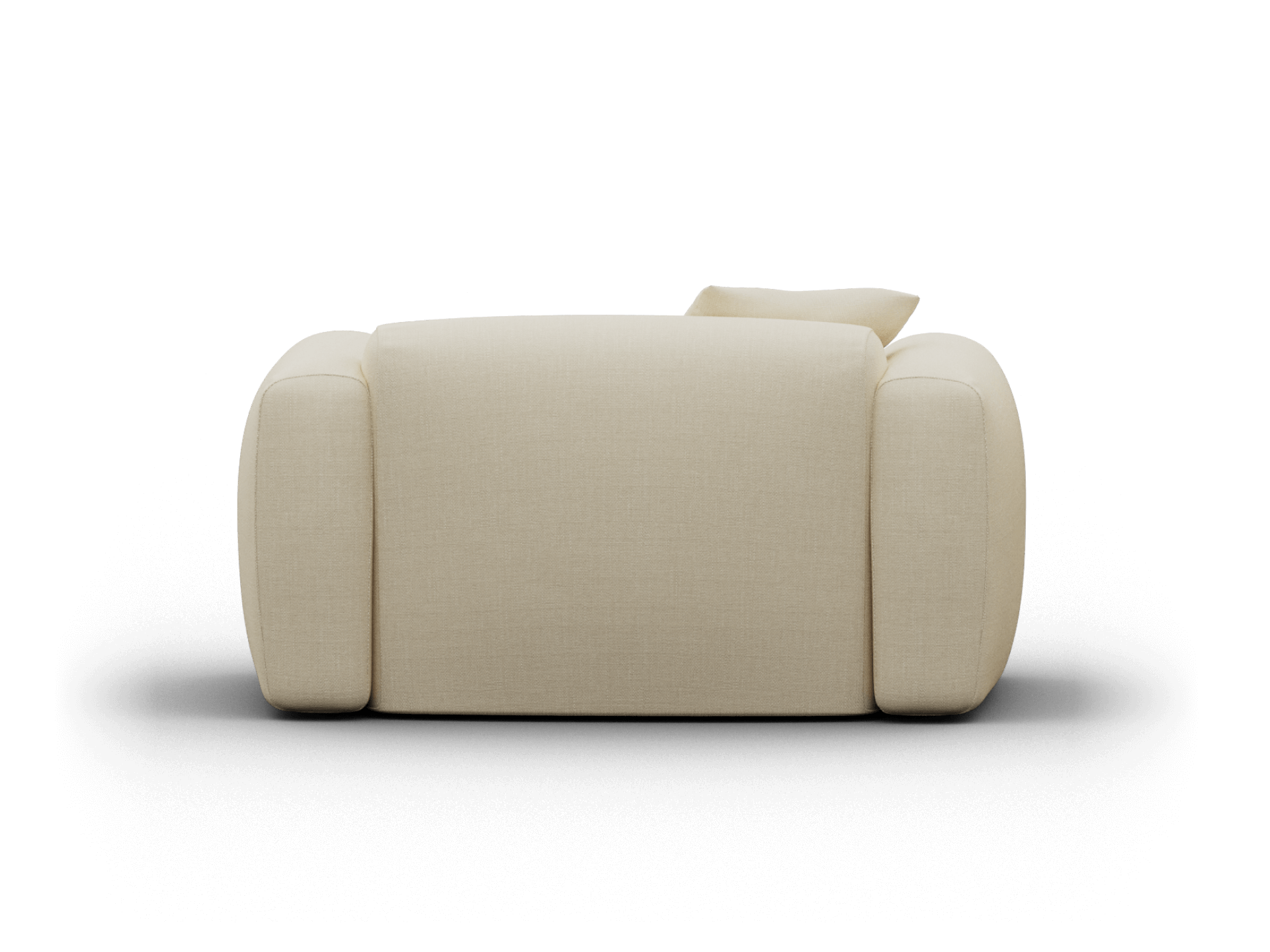 Cream upholstered sofa with rounded edges and plush cushions, crafted from premium fabric. Features a minimalist design, perfect for a contemporary living room.