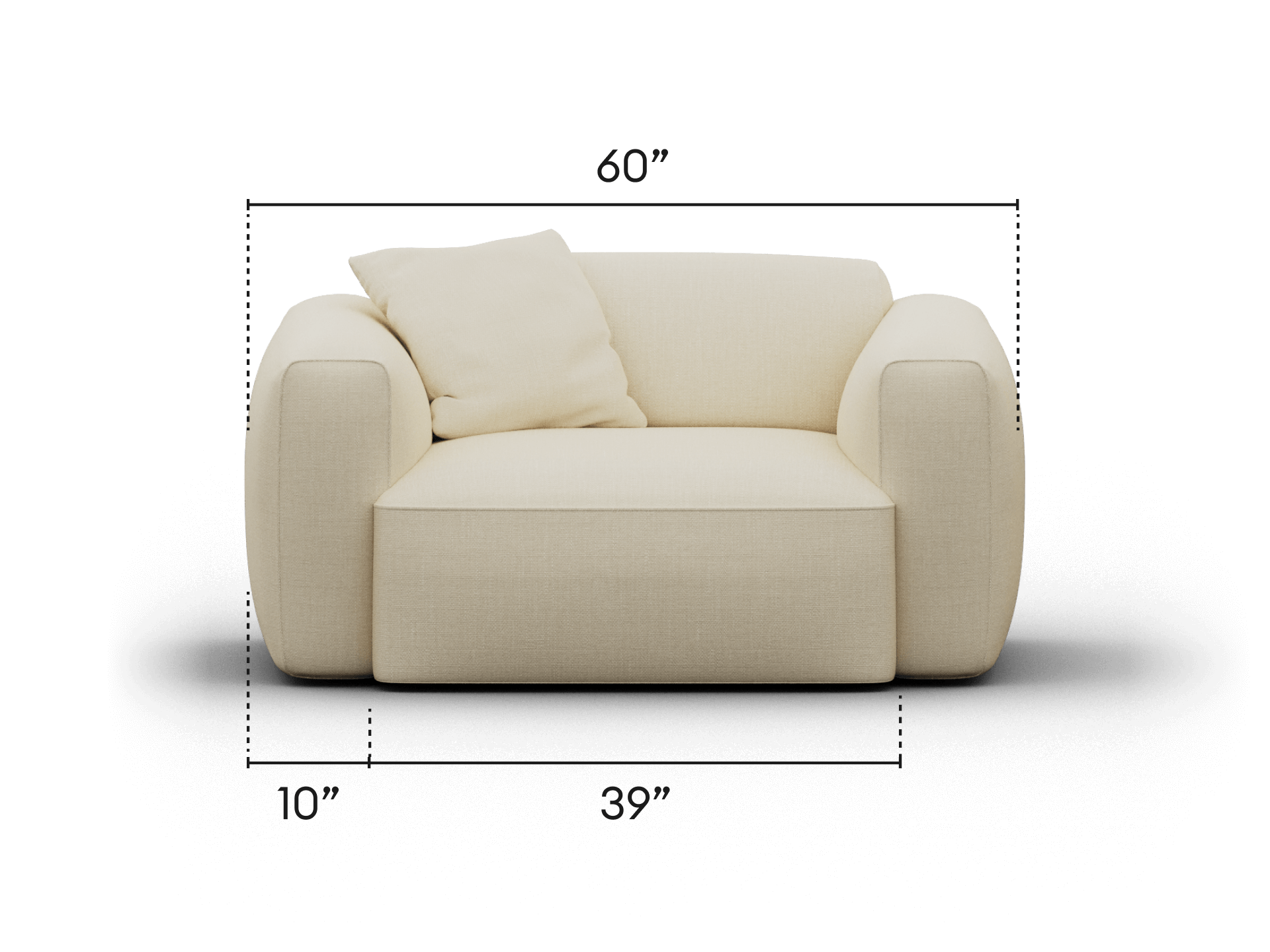 Premium modern beige armchair featuring plush chenille upholstery, rounded arms, and a plush cushion, set in a contemporary living space. Dimensions displayed.