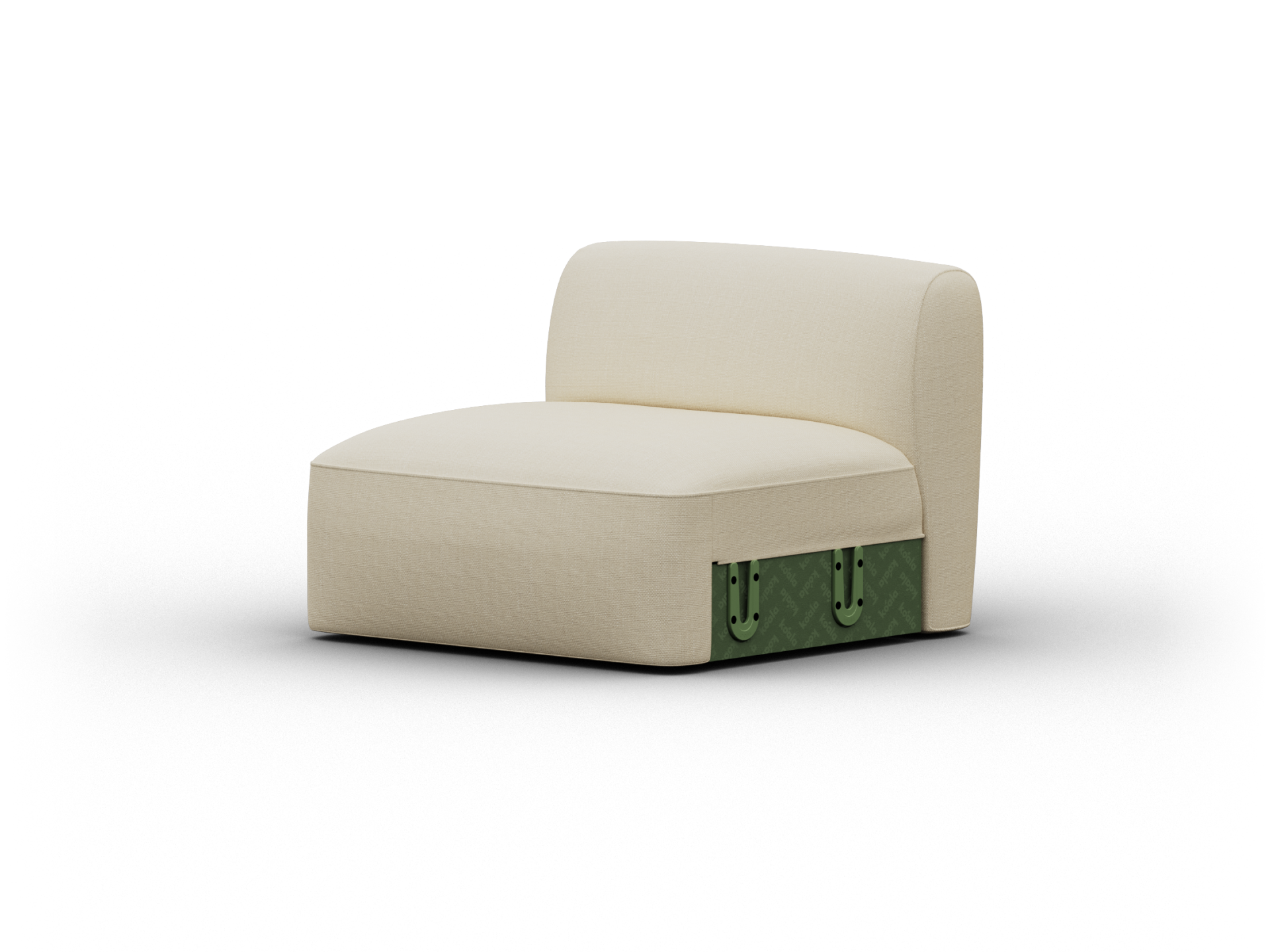 Cream-coloured armless chair, featuring plush fabric upholstery, sleek rounded backrest, and a green quilted base. Ideal for modern, elegant interiors.