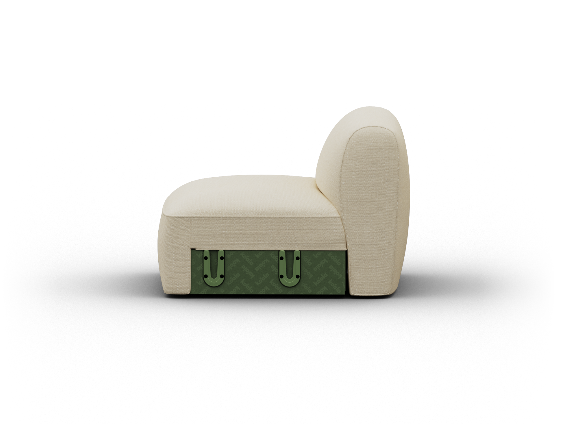 Plush cream chaise lounge with curved backrest, upholstered in luxe fabric, set on a unique green metal base with clasp detailing, ideal for modern interiors.