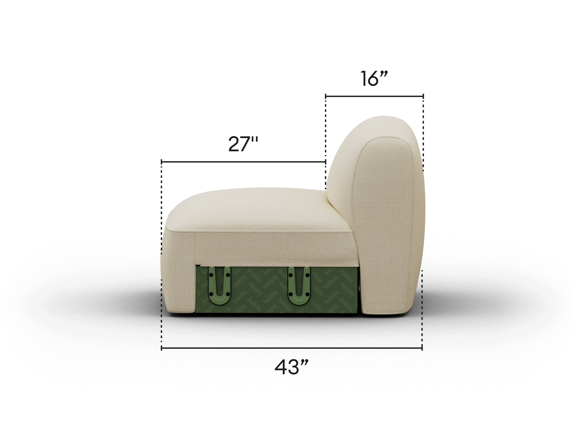 Luxurious armless chair featuring cream upholstered cushion and textured green base with latch details. Perfect for modern interiors, adding elegance and charm.