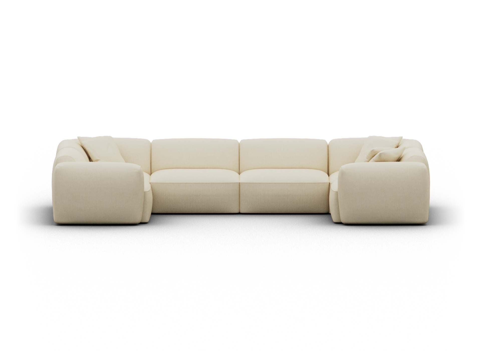 Luxurious modular sectional sofa in cream fabric, featuring deep seating and plush armrests. Perfect for a sophisticated, modern living room setting.