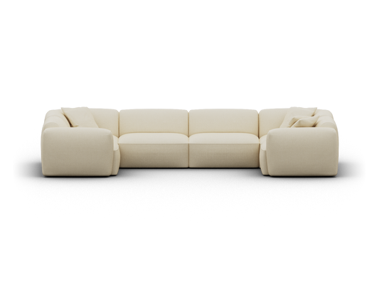 Luxurious modular sectional sofa in cream fabric, featuring deep seating and plush armrests. Perfect for a sophisticated, modern living room setting.