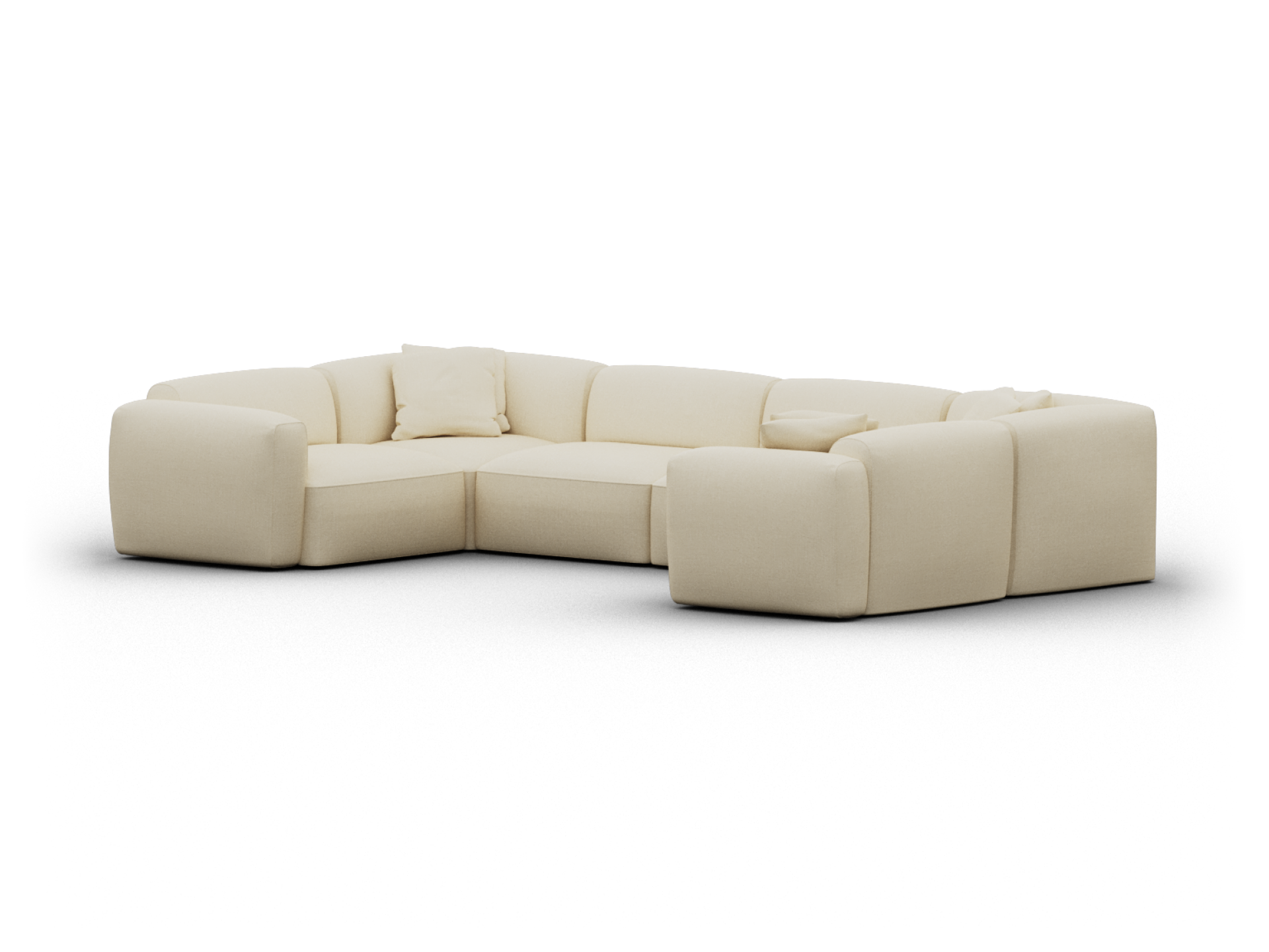 Luxurious L-shaped sectional sofa in cream fabric, featuring plush cushions and sleek, modern lines. Perfect for a sophisticated living space.