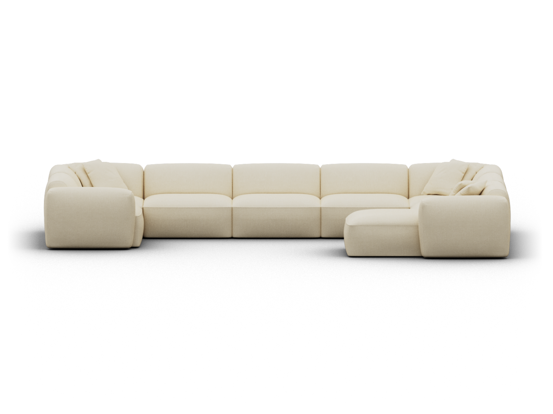 Luxurious modular sectional sofa, upholstered in creamy beige fabric. Plush cushions offer premium comfort. Ideal for expansive, modern living spaces.