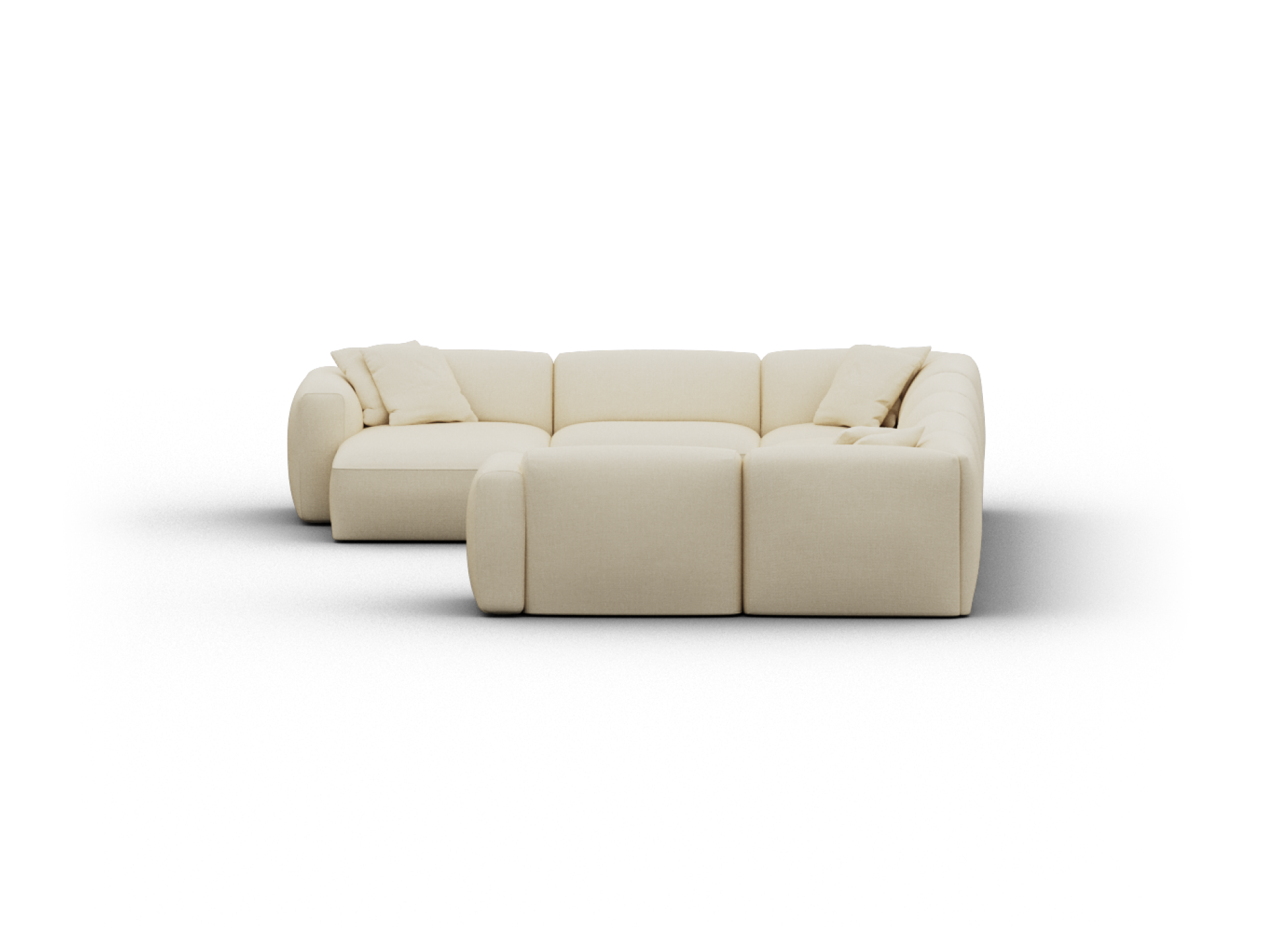 Luxurious L-shaped sectional sofa in cream fabric, featuring plush cushions and rounded edges. Perfect for a contemporary living room setting.