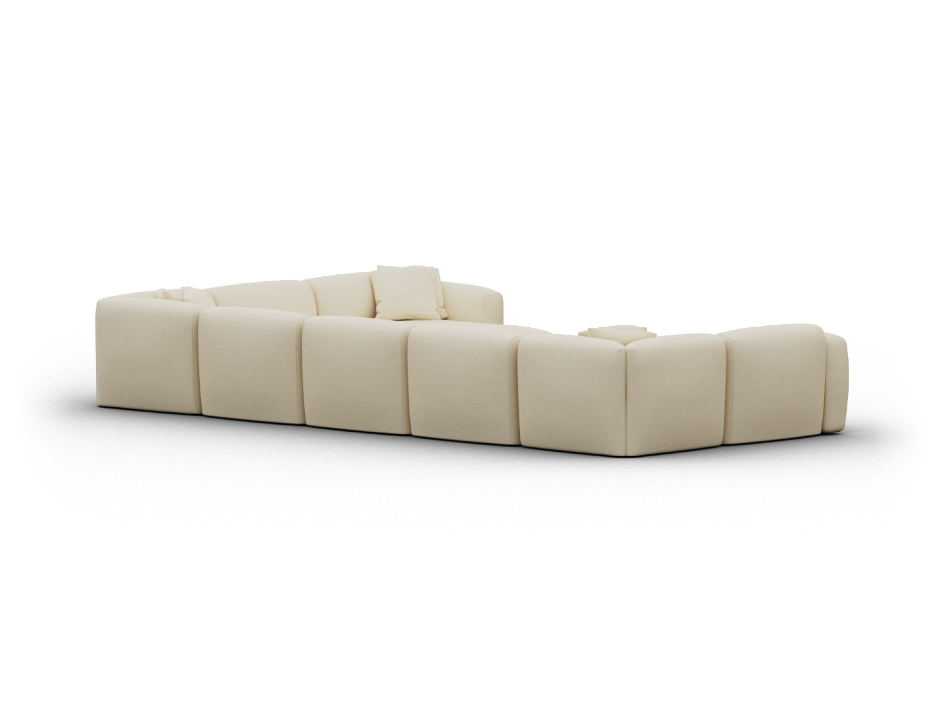 Luxurious beige modular sectional sofa with plush fabric upholstery, deep seating, and clean lines, perfect for a sophisticated living room setting.