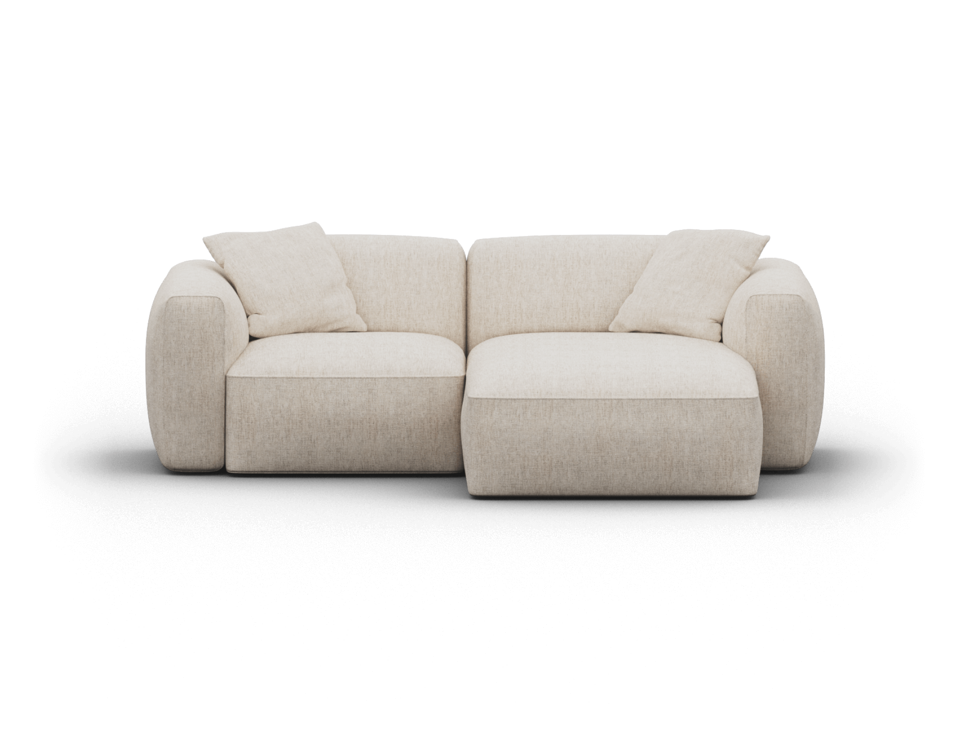 Modern beige two-seater upholstered sofa with matching chaise, featuring plush cushions and rounded arms, set in a contemporary living space.