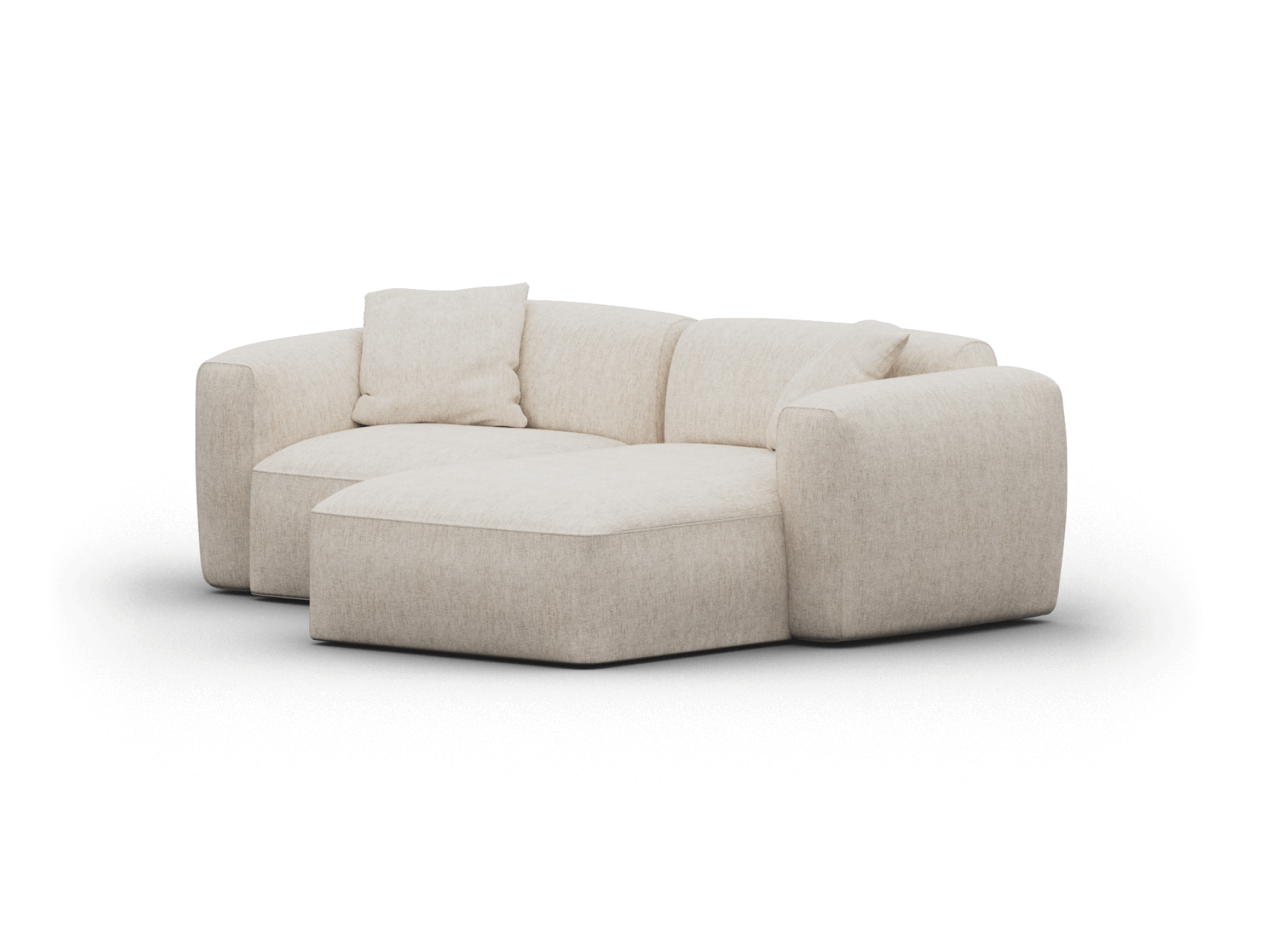 Beige fabric sectional sofa with plush cushions and a rounded silhouette, offering a cosy yet sophisticated touch. Perfect for a chic living room setting.