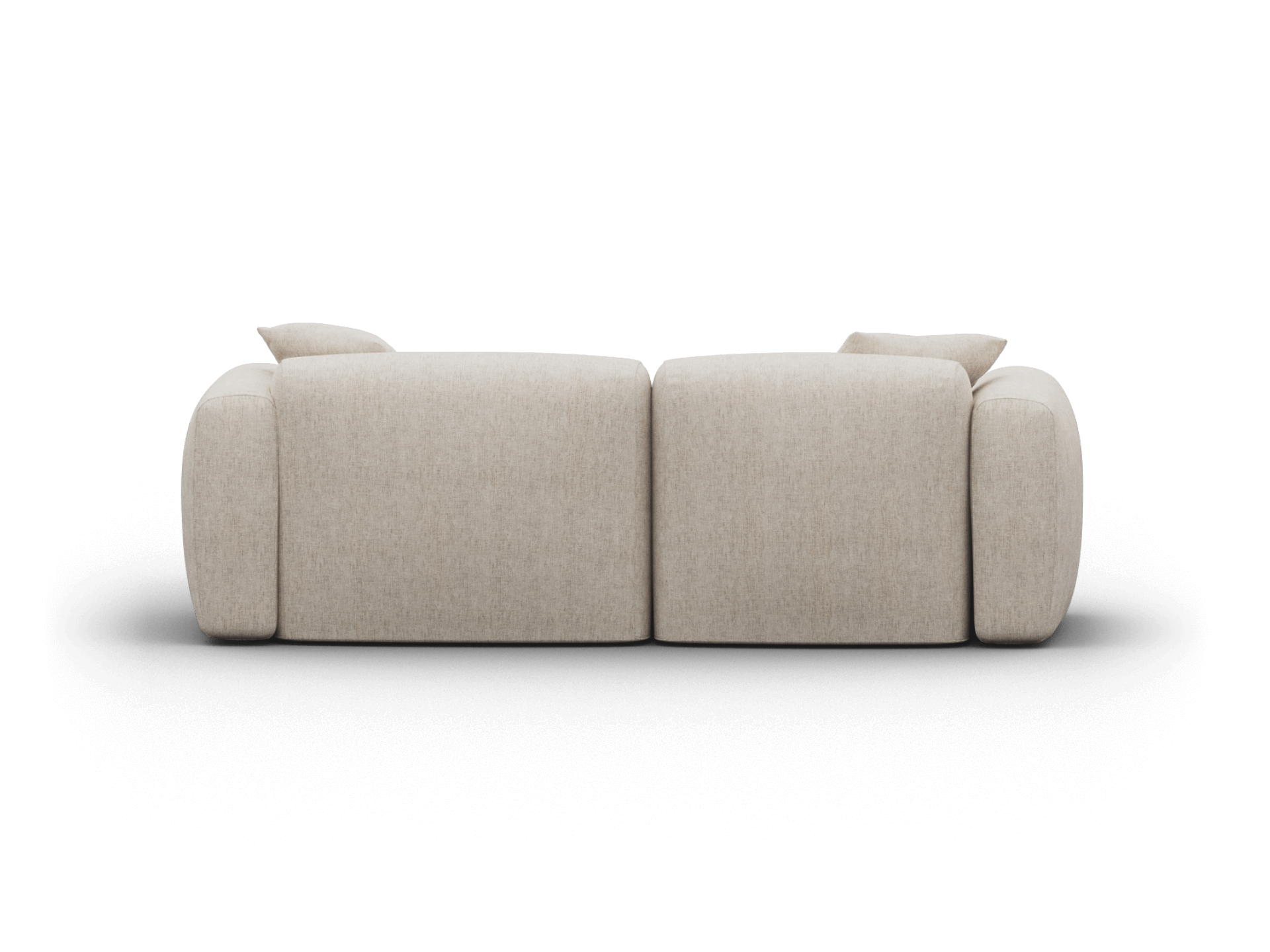 Beige fabric two-seater sofa with rounded arms, plush cushions, and sleek design. Ideal for contemporary living rooms seeking minimalist elegance.