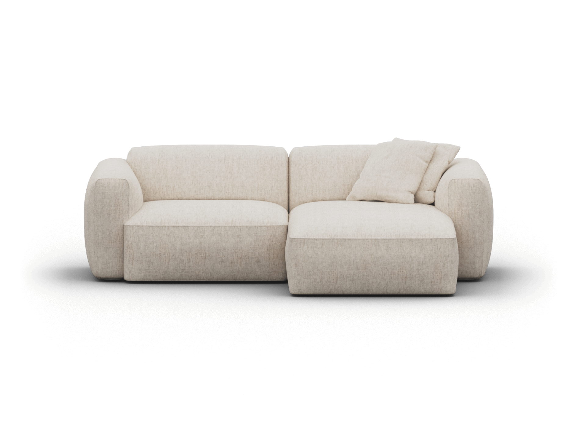 Luxurious beige fabric sofa with chaise, featuring a minimalist design and plush cushions. Perfect for a sophisticated living room setting.