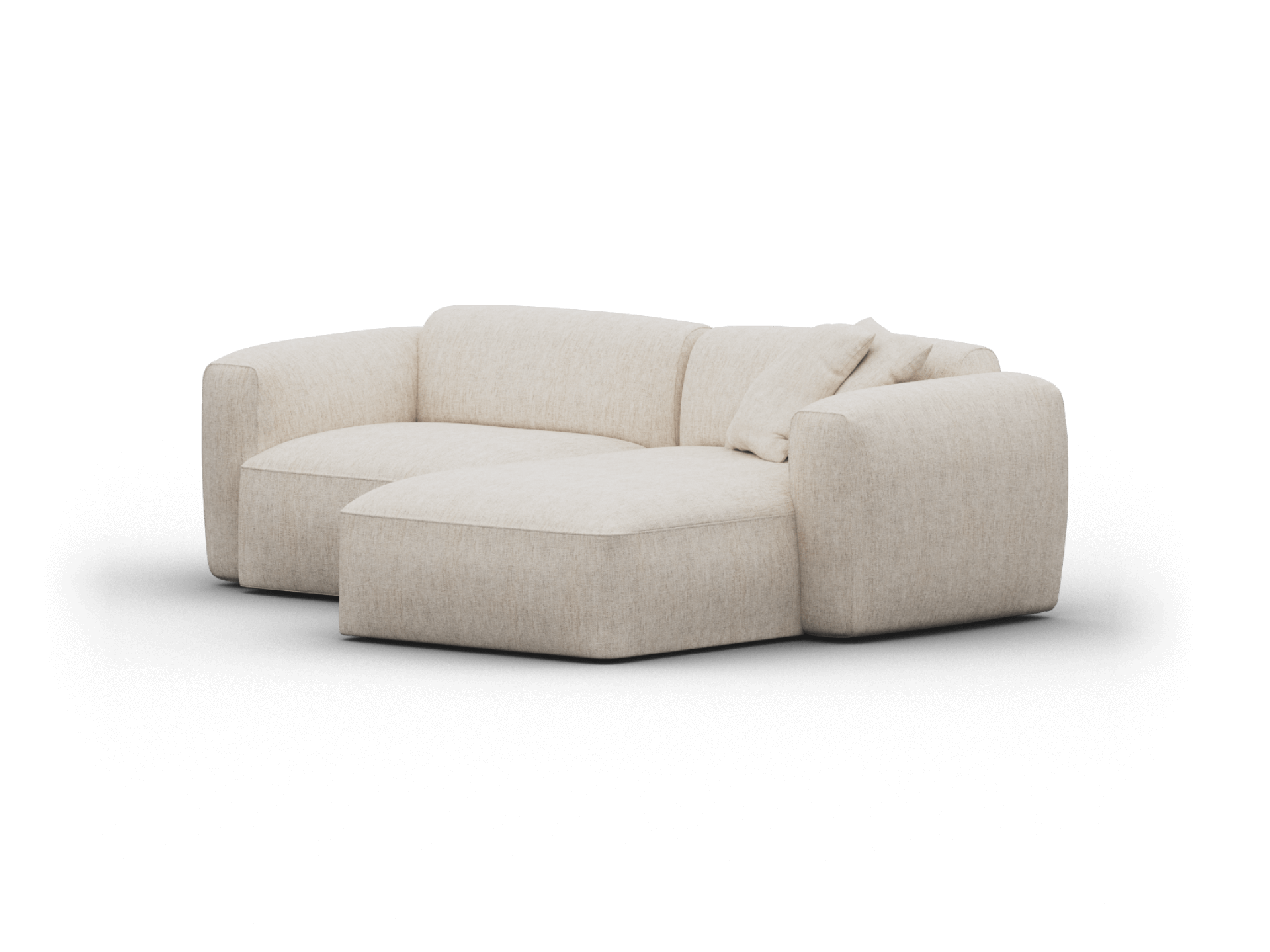 Modern L-shaped sofa, upholstered in soft beige fabric with plush cushioning. Features wide arms and a low-profile design, ideal for a contemporary living room.