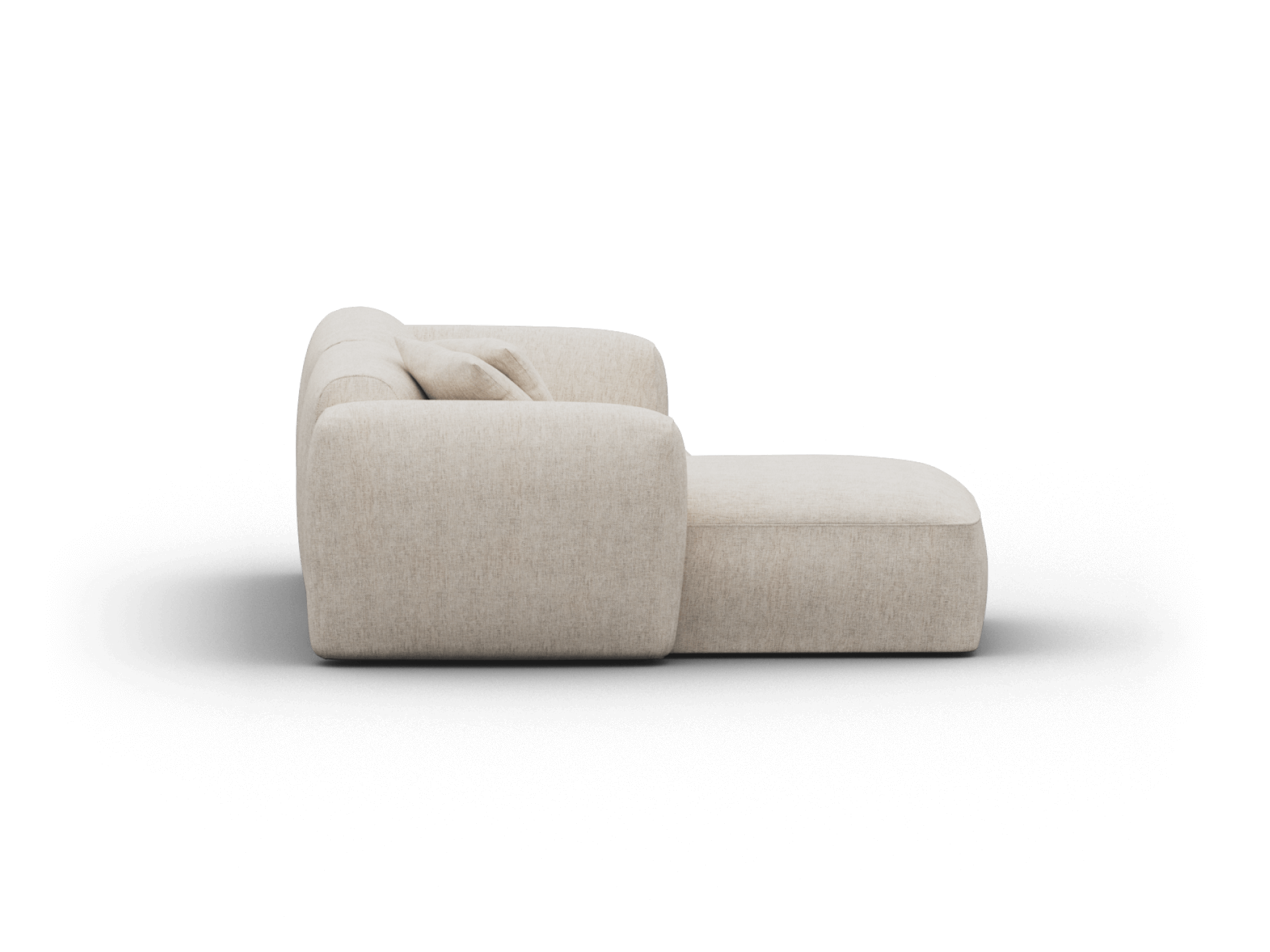 Luxurious beige upholstered sectional sofa with plush cushions. Curved armrests enhance its modern elegance. Perfect for a sophisticated living space.