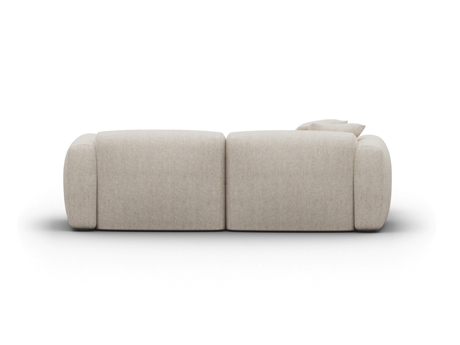 Luxurious modern two-seater sofa in soft beige fabric, featuring plush rounded cushions and minimalistic design, perfect for a sophisticated living space.