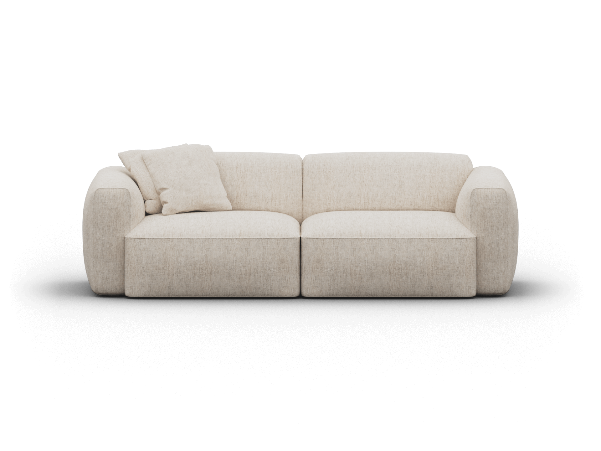 Luxurious beige fabric sofa with plush cushions, featuring a minimalist block design and rounded armrests, ideal for elegant living room settings.