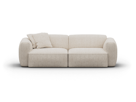 Plush beige modern sofa with rounded arms, textured fabric finish. Features plush cushions, rectangular form. Ideal for luxurious living rooms.