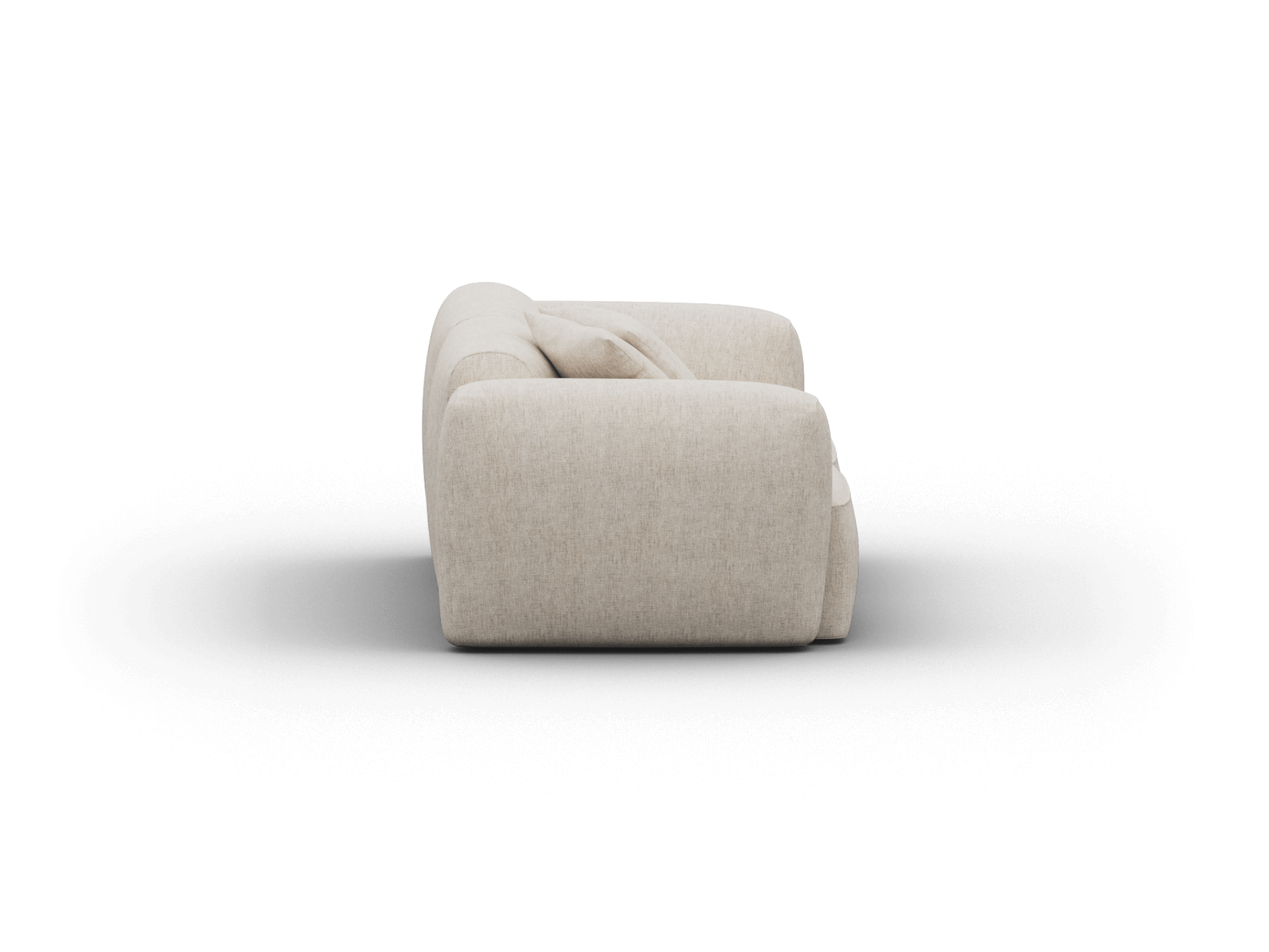Side view of an elegant beige fabric sofa featuring a deep, plush seat and thick cushioning. Perfect for a modern living room setting.