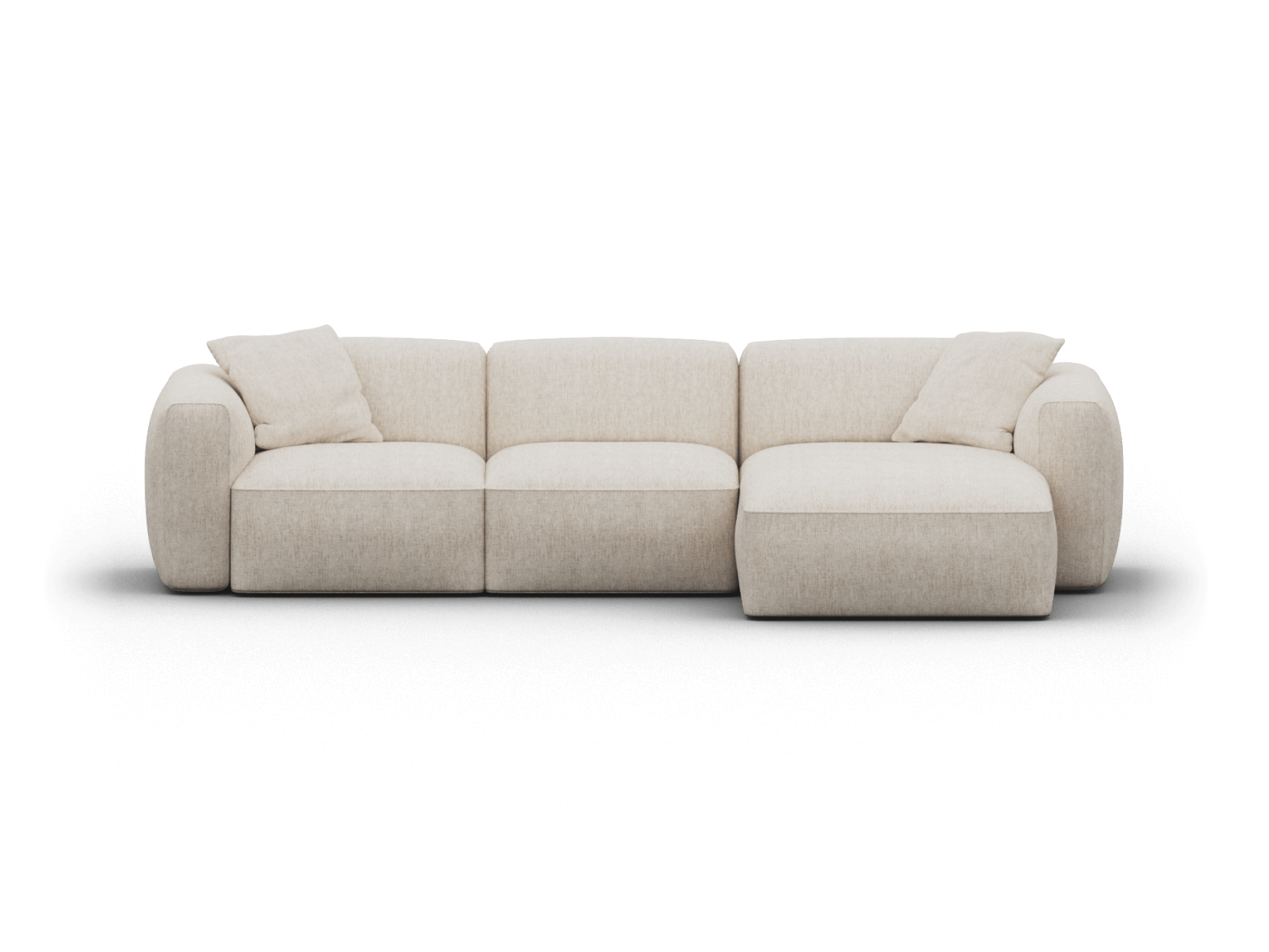 Luxurious beige fabric sectional sofa with plush cushions and sleek lines, set in a contemporary living room for a sophisticated, modern ambience.