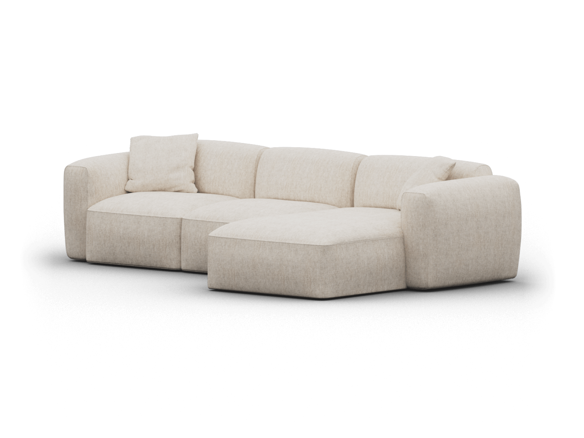 Luxurious beige sectional sofa in soft linen blend, featuring a chaise lounge extension and plush cushions, ideal for contemporary living spaces.