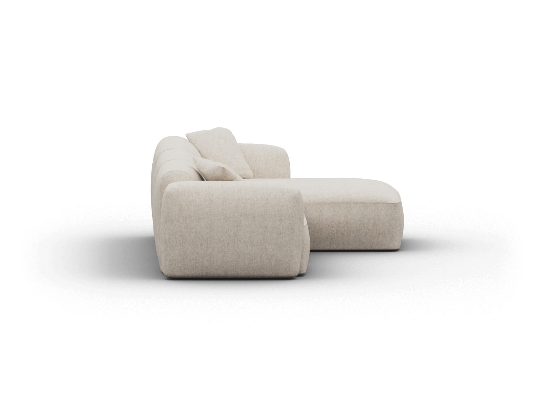Plush sectional sofa in beige linen fabric featuring rounded edges and deep seating. Modern, elegant design ideal for a sophisticated living room setting.