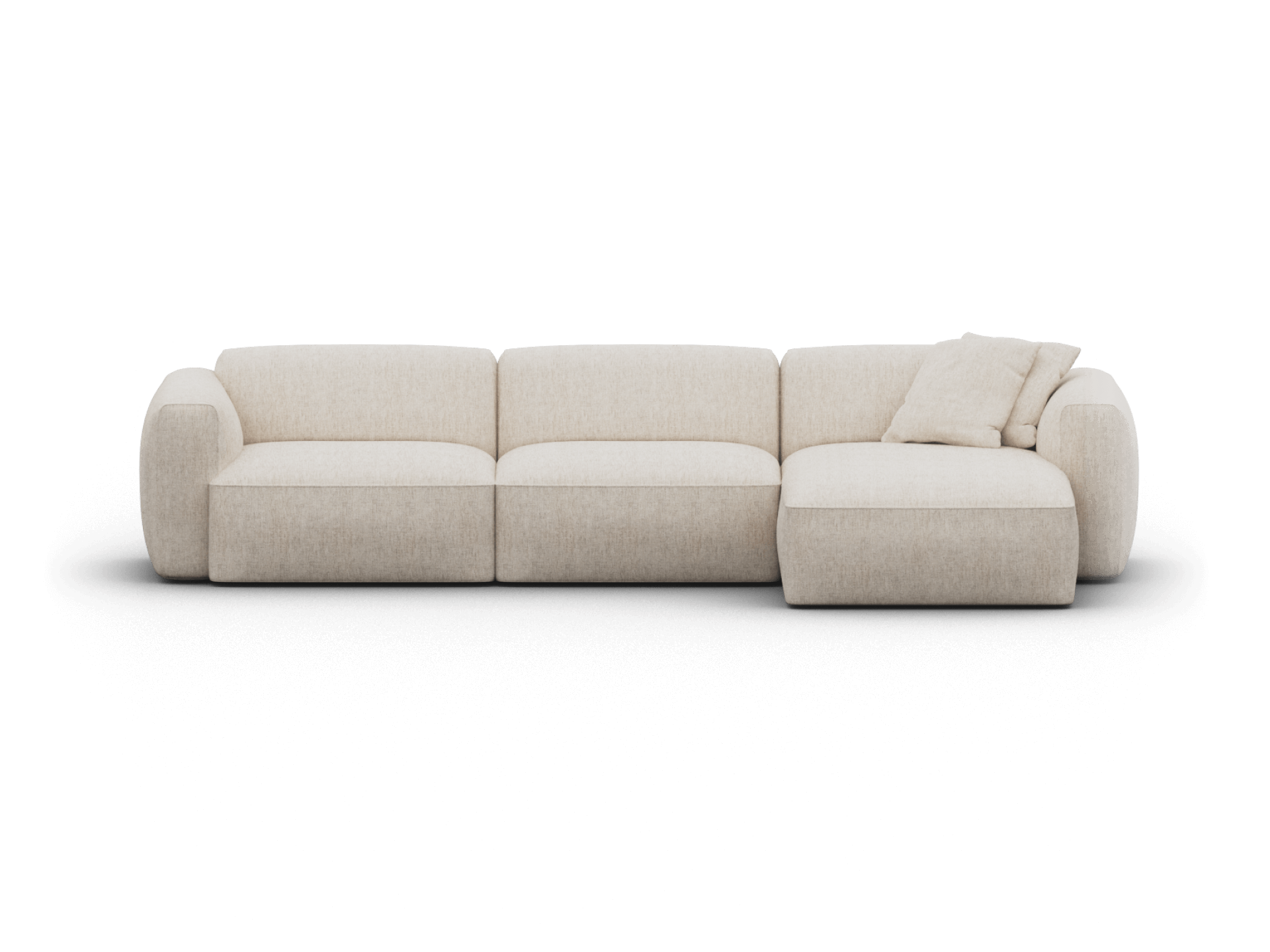 Elegant L-shaped modular sofa in soft beige upholstery with plush cushioning and a chaise lounge, perfect for contemporary living room settings.