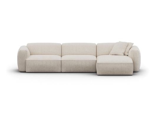 Premium beige sectional sofa with plush upholstery, featuring a chaise lounge and rounded armrests; perfect for modern living spaces.