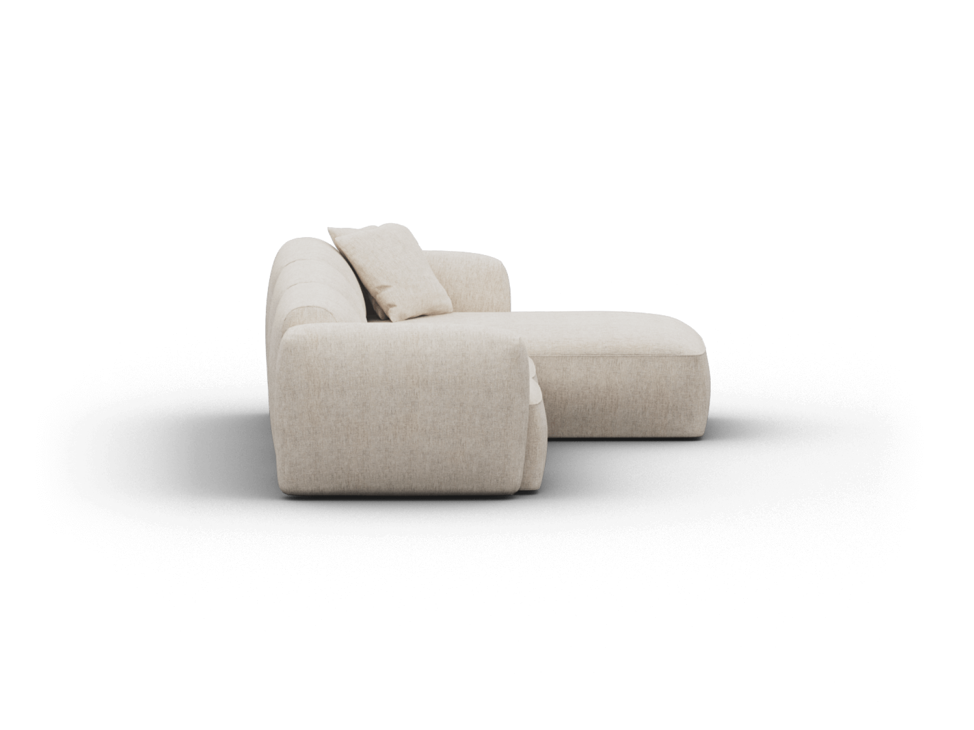 Luxurious beige sectional sofa, upholstered in premium linen fabric. Features plush cushions and expansive chaise, ideal for a chic, modern living space.