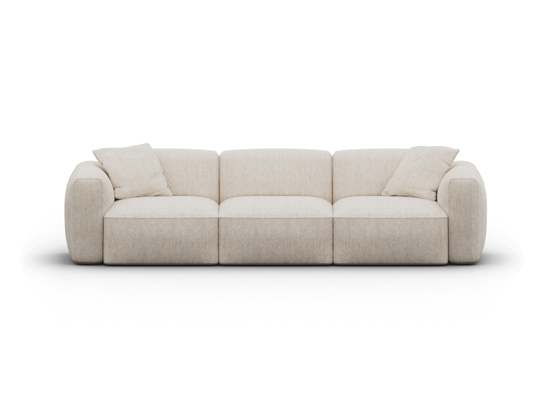 Luxurious three-seater modular sofa in soft beige fabric, showcasing a low-profile design. Plump cushions enhance comfort. Ideal for modern living spaces.