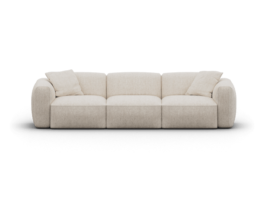 Luxurious three-seater modular sofa in soft beige fabric, showcasing a low-profile design. Plump cushions enhance comfort. Ideal for modern living spaces.