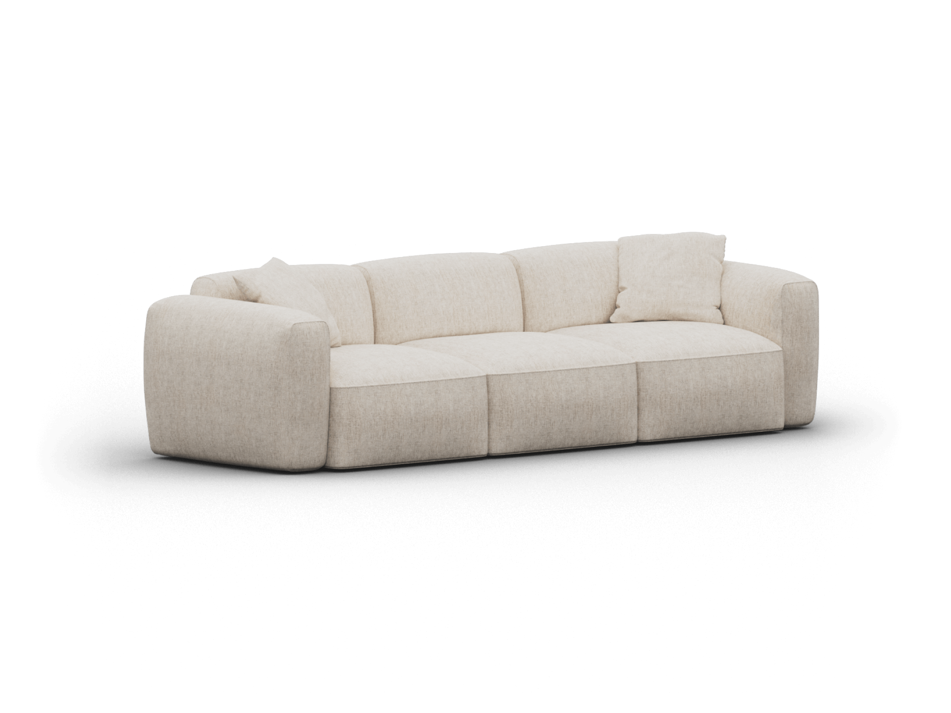 Luxurious three-seater sofa in cream linen upholstery, featuring plush cushions and a sleek, low-profile design. Perfect for a contemporary living room.