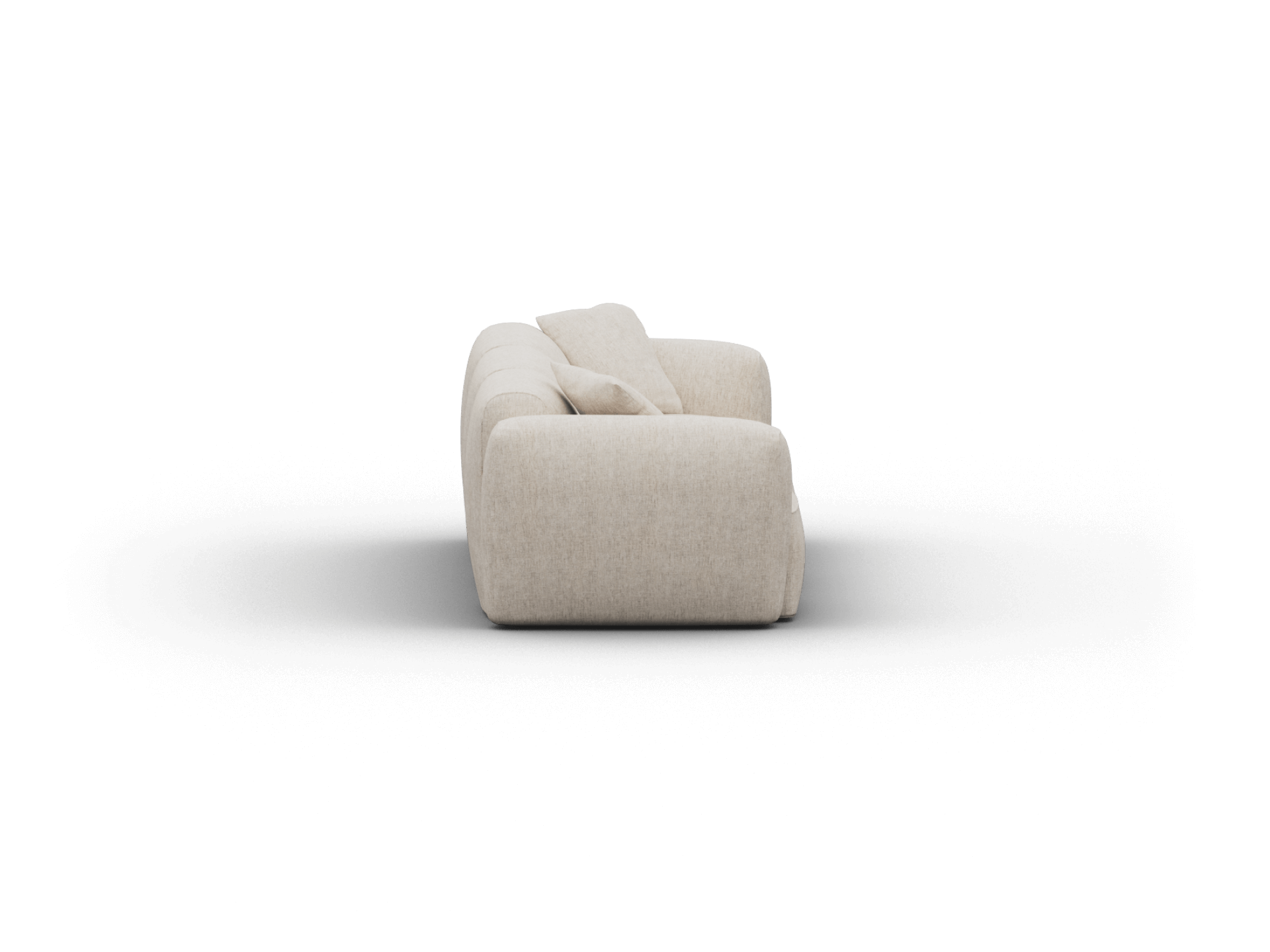 Contemporary beige upholstered sofa with plush cushions, featuring soft, rounded edges. Set against a minimalist backdrop for a luxurious, modern appeal.