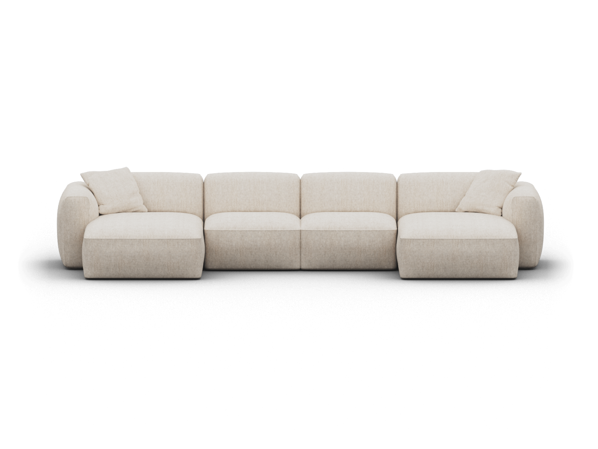 Luxurious modular five-seater sofa, upholstered in cream linen fabric. Plush cushions and rounded armrests enhance comfort. Ideal for spacious living areas.