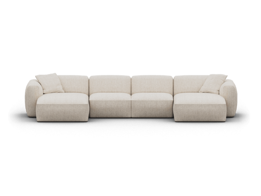 Luxurious modular sofa in cream linen upholstery, featuring plush cushions and a sleek silhouette. Perfect for modern living rooms seeking elegance and comfort.