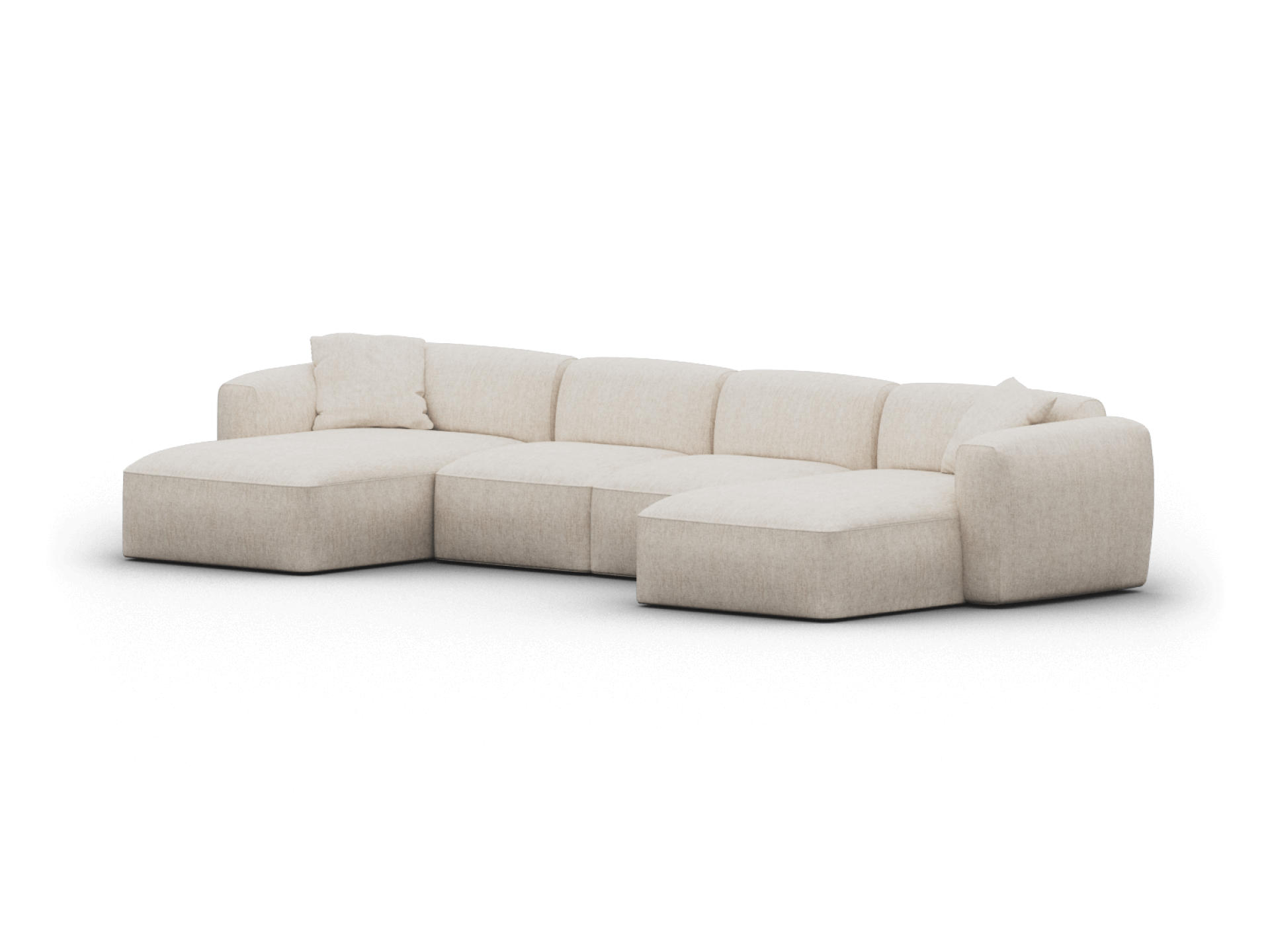 Beige fabric sectional sofa with plush cushions and sleek lines, featuring a left-hand chaise. Perfect for a sophisticated, modern lounge setting.