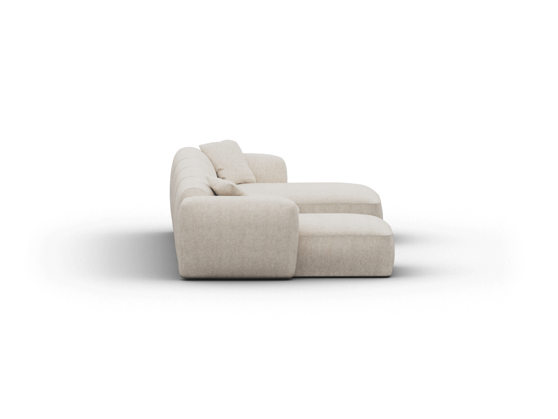 Luxurious cream fabric sectional sofa with plush cushions and rounded arms, exuding modern elegance. Ideal for sophisticated living rooms.