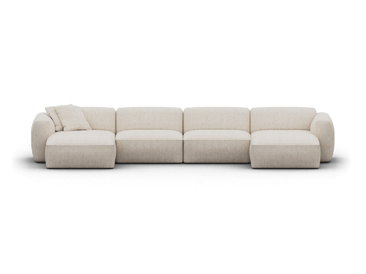 Luxurious beige modular sectional sofa with plush fabric upholstery, featuring a left chaise and deep seats, ideal for modern living room interiors.