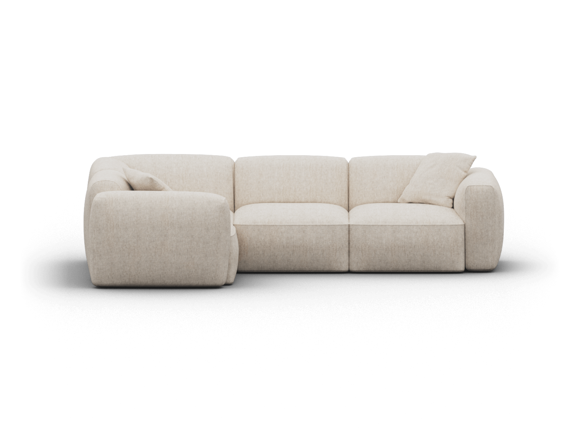 Luxurious off-white linen modular sofa featuring plush cushions and curved edges. Modern design perfect for upscale living areas and open spaces.