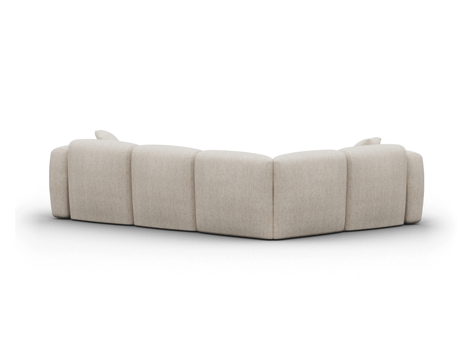 Curved beige fabric sectional sofa with plush upholstery, modular design, and seamless joints. Perfect for contemporary living room settings.