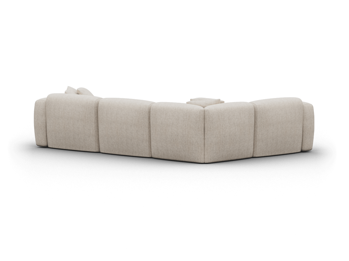 Luxury beige fabric L-shaped sofa with plush cushioning and deep seats, designed for a contemporary living room setting.