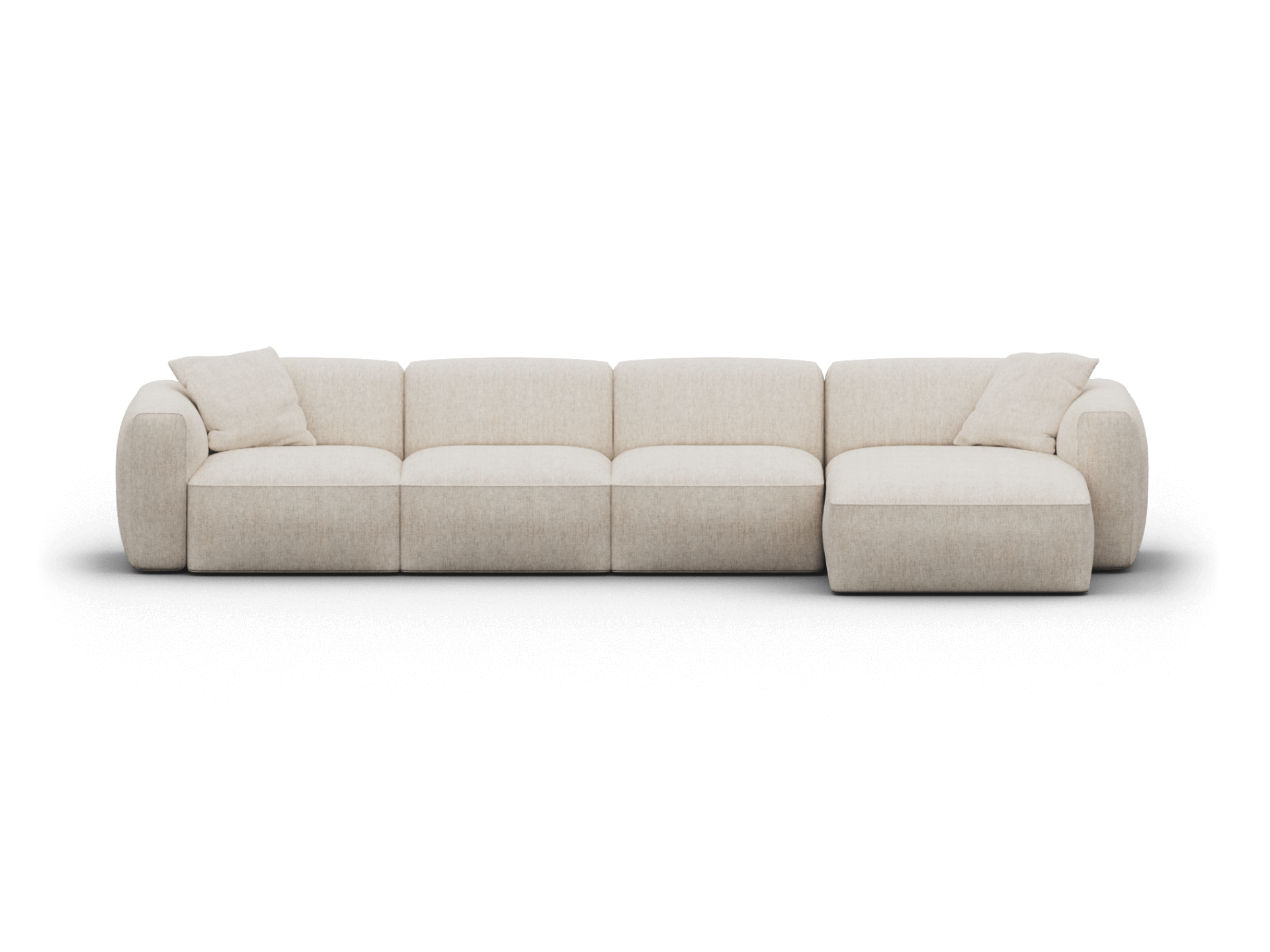 Contemporary modular sofa in cream linen with plush cushions; features rounded arms and a chaise extension, ideal for a chic living space.