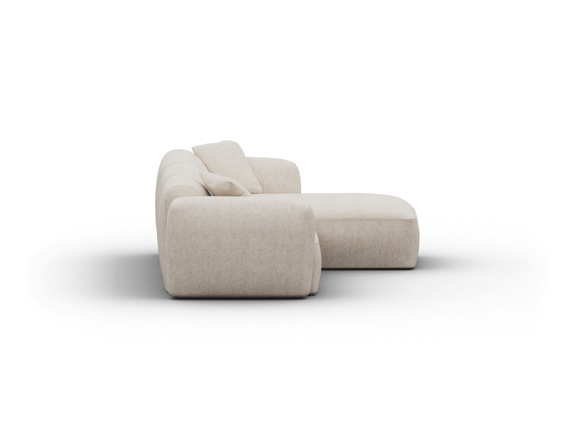 Luxurious beige sectional sofa in premium linen upholstery, featuring smooth curves and plush cushions. Ideal for sophisticated, modern living spaces.