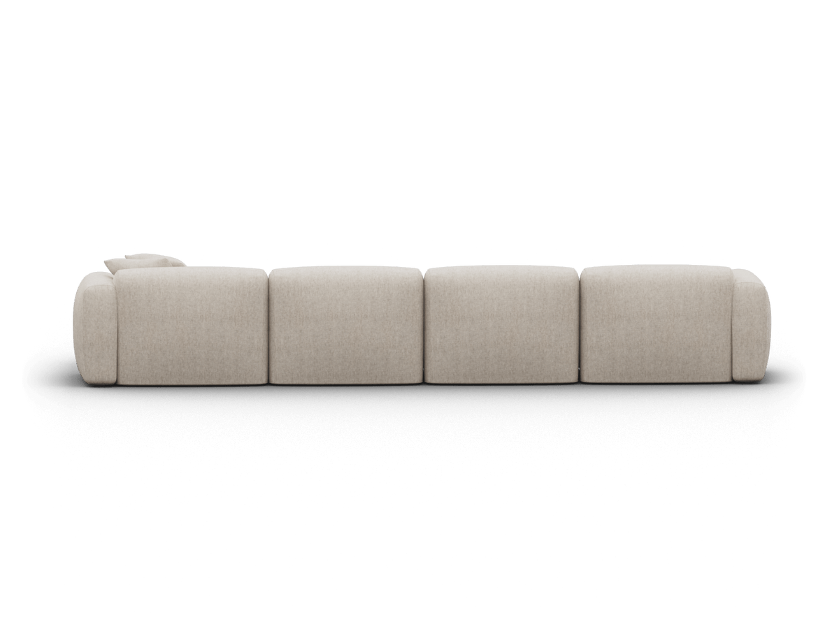 Luxurious four-seater sofa in beige upholstery with minimalist cubic design, set on an elegant black base. Perfect for stylish, contemporary living spaces.