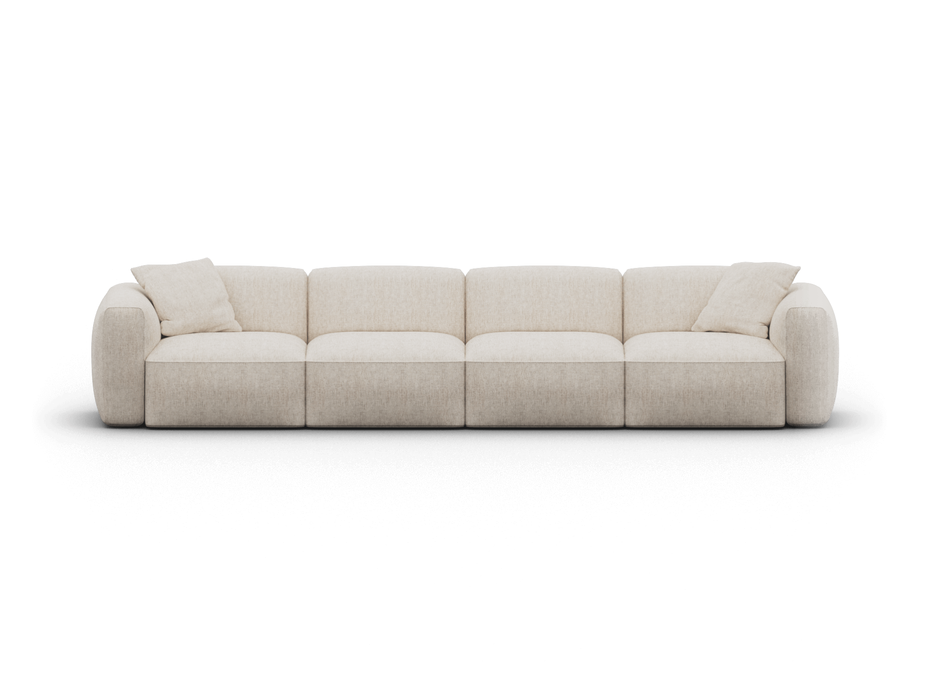 Luxurious modular sofa in cream linen, featuring plush cushions and clean lines. Set in a minimalist, modern living space for an elegant aesthetic.