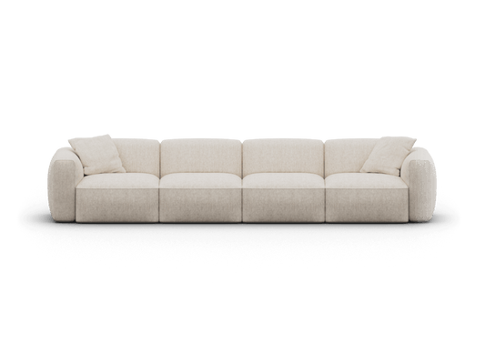 Beige modular sofa with plush cushions, upholstered in premium fabric. Features a sleek, minimalist design, perfect for a contemporary living room.