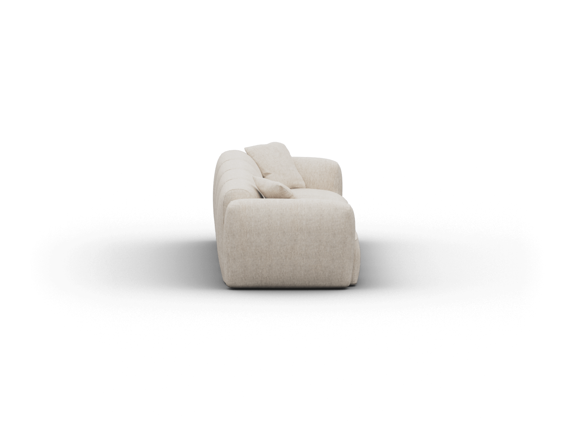 Beige fabric sofa with plush cushioning and a minimalist design, featuring curved armrests, set in a modern living space. Perfect for luxury interiors.
