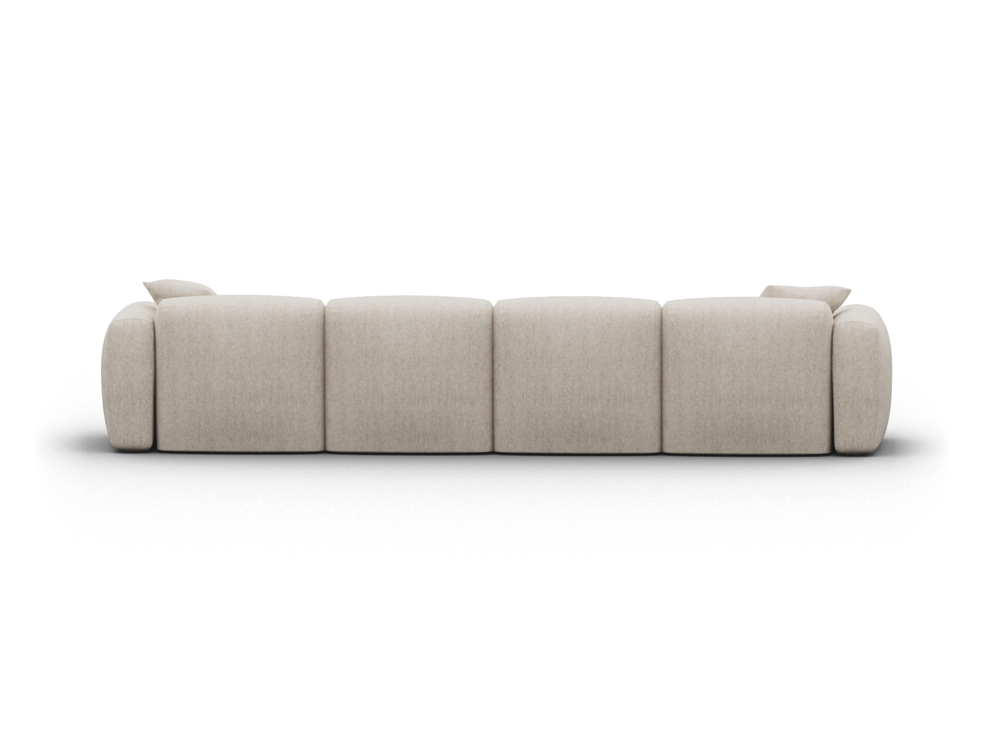 Elegant beige sectional sofa in soft fabric, featuring plush cushions and modular design. Ideal for a sophisticated, contemporary living room setting.