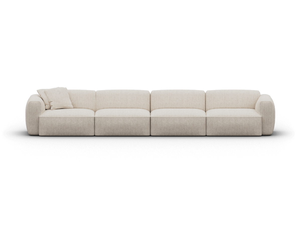 Luxurious modular sofa in cream fabric, featuring plush cushions and a minimalist design. Perfect for modern living rooms with a focus on comfort and elegance.
